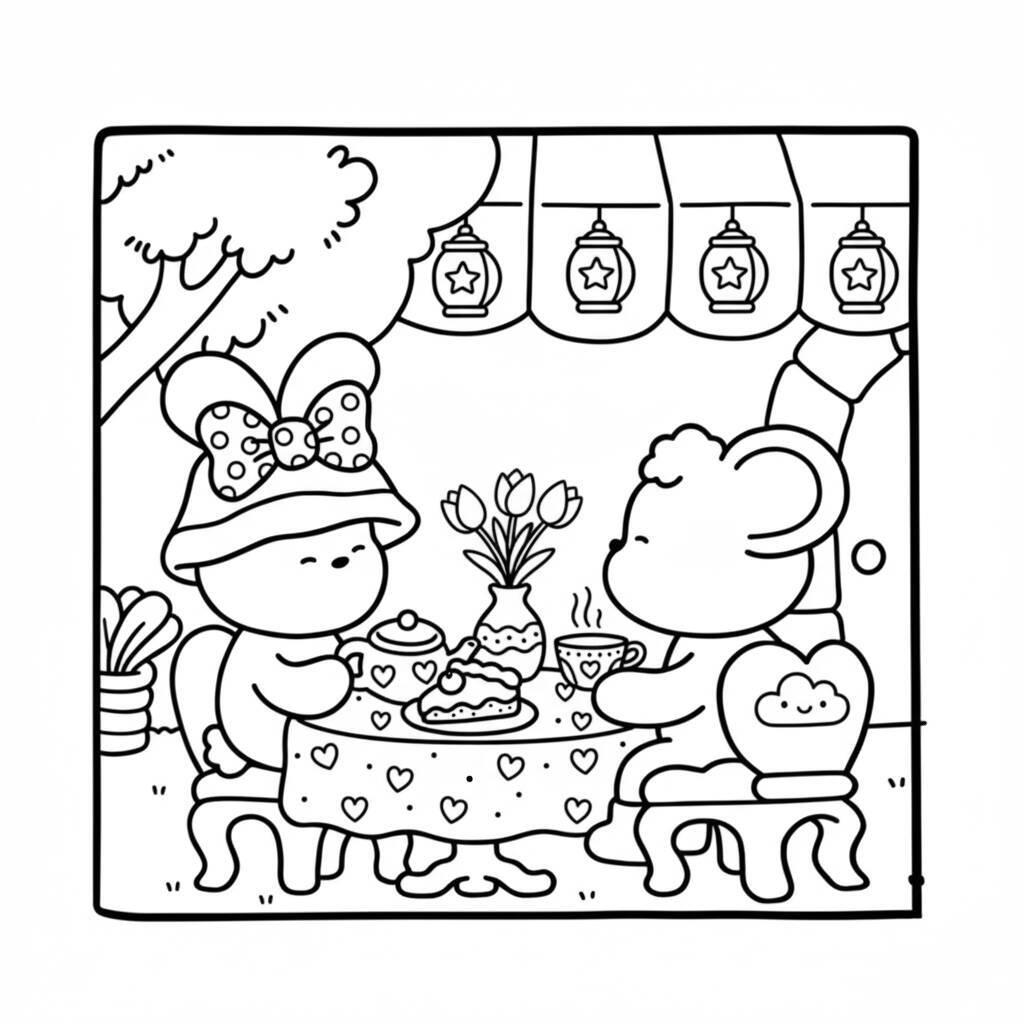 Desenho em preto e branco de Coco Wyo sentado em uma mesa de café com um amigo, rodeados por flores e lanternas.