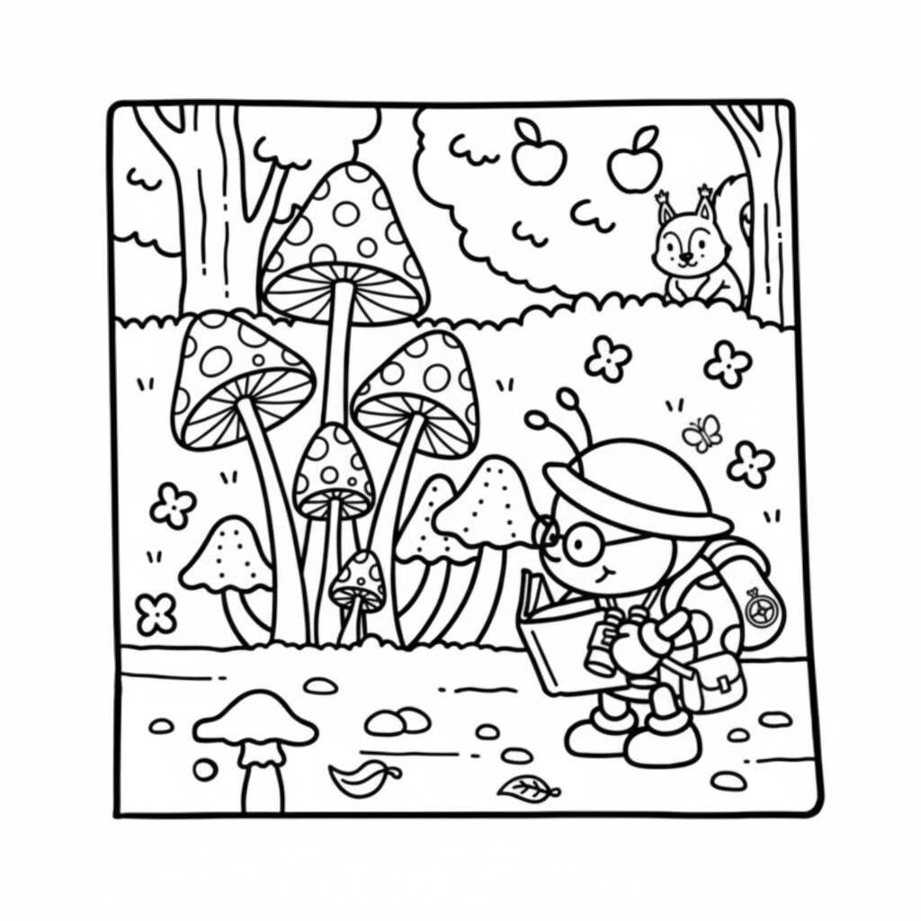 Coco Wyo explorando um bosque com cogumelos e um esquilo