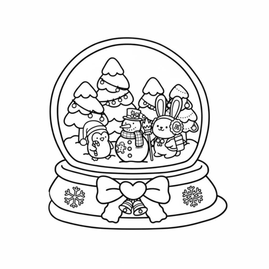 Desenho para colorir de Coco Wyo em uma bola de neve com animais e árvores