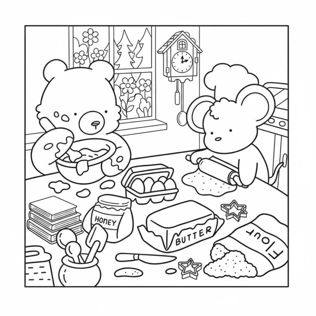 Desenho para colorir de Coco Wyo na cozinha com ursos e ingredientes