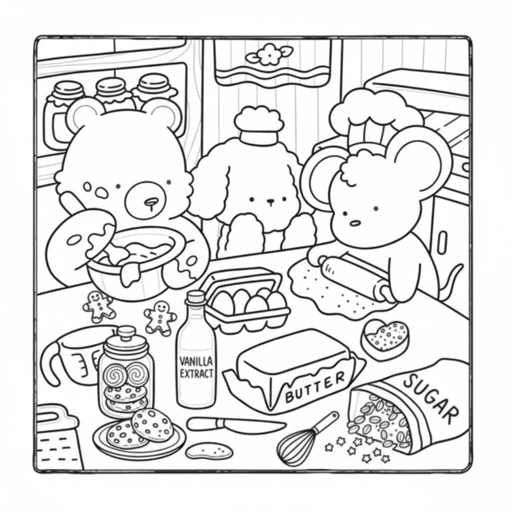 Desenho para colorir de animais na cozinha preparando biscoitos