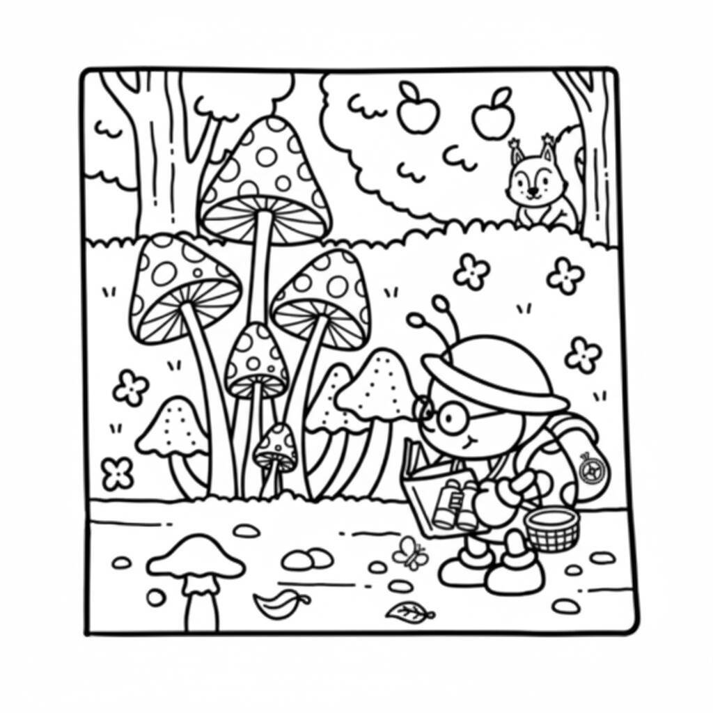 Desenho para colorir do Coco Wyo explorando uma floresta com cogumelos e um esquilo