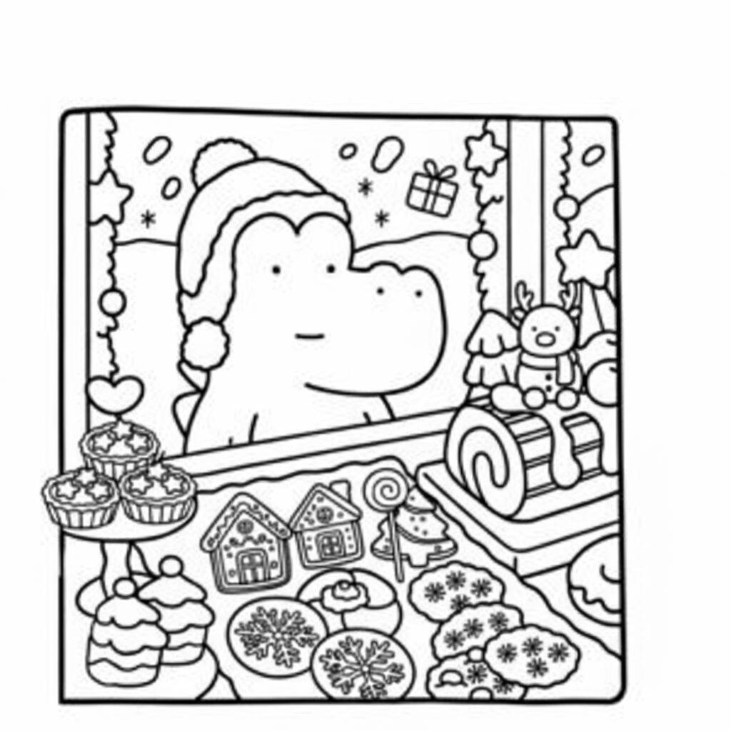 Desenho para colorir de Coco Wyo olhando pela janela decorada com doces e enfeites.