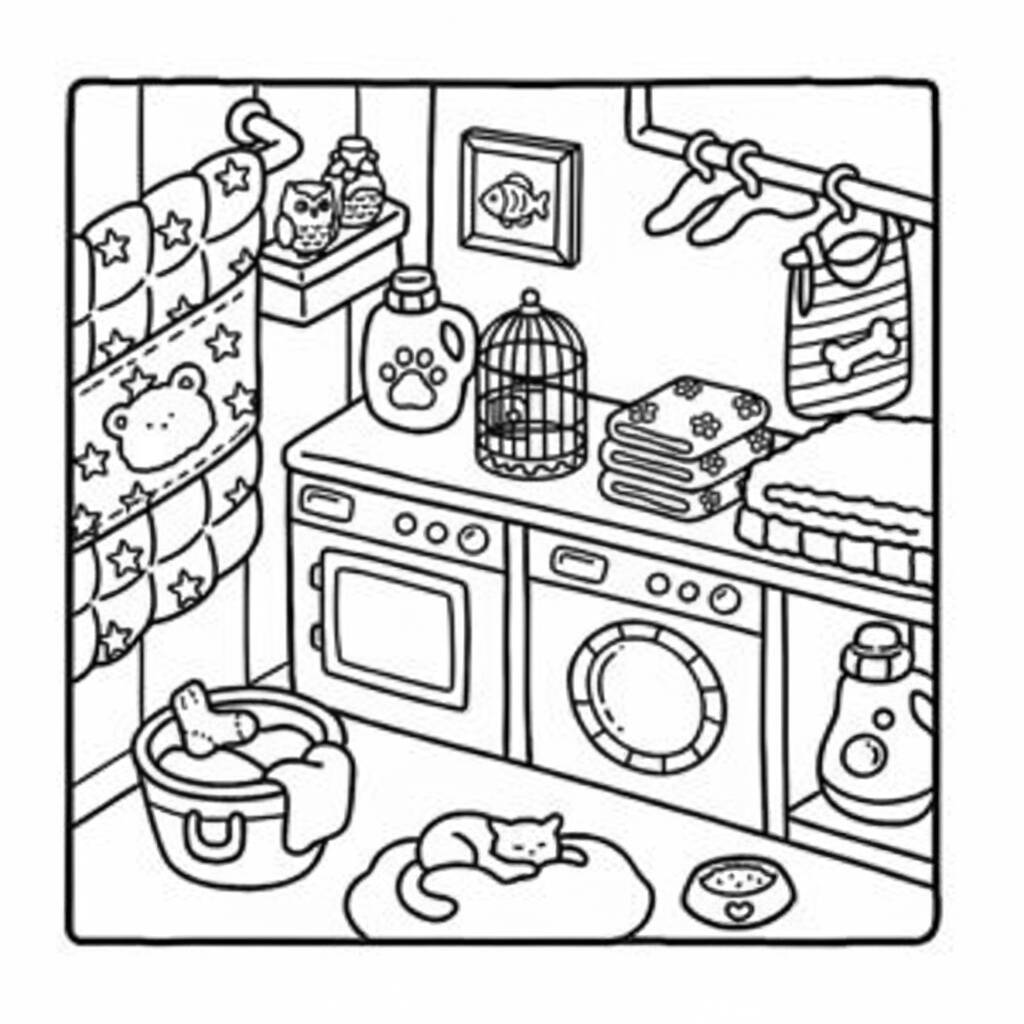 Desenho para colorir de uma lavanderia com elementos fofos como um gato e objetos de limpeza.