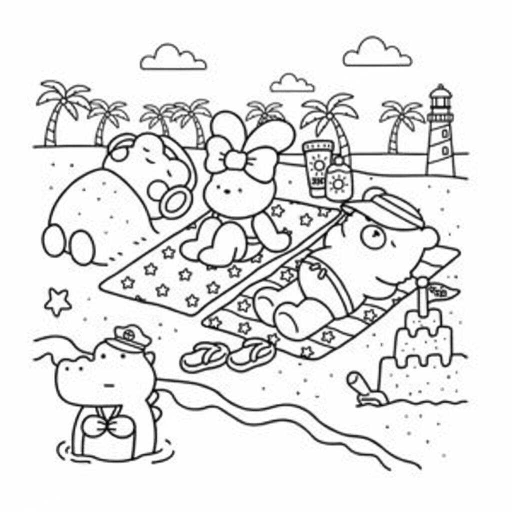 Desenho para colorir de Coco Wyo e amigos relaxando na praia