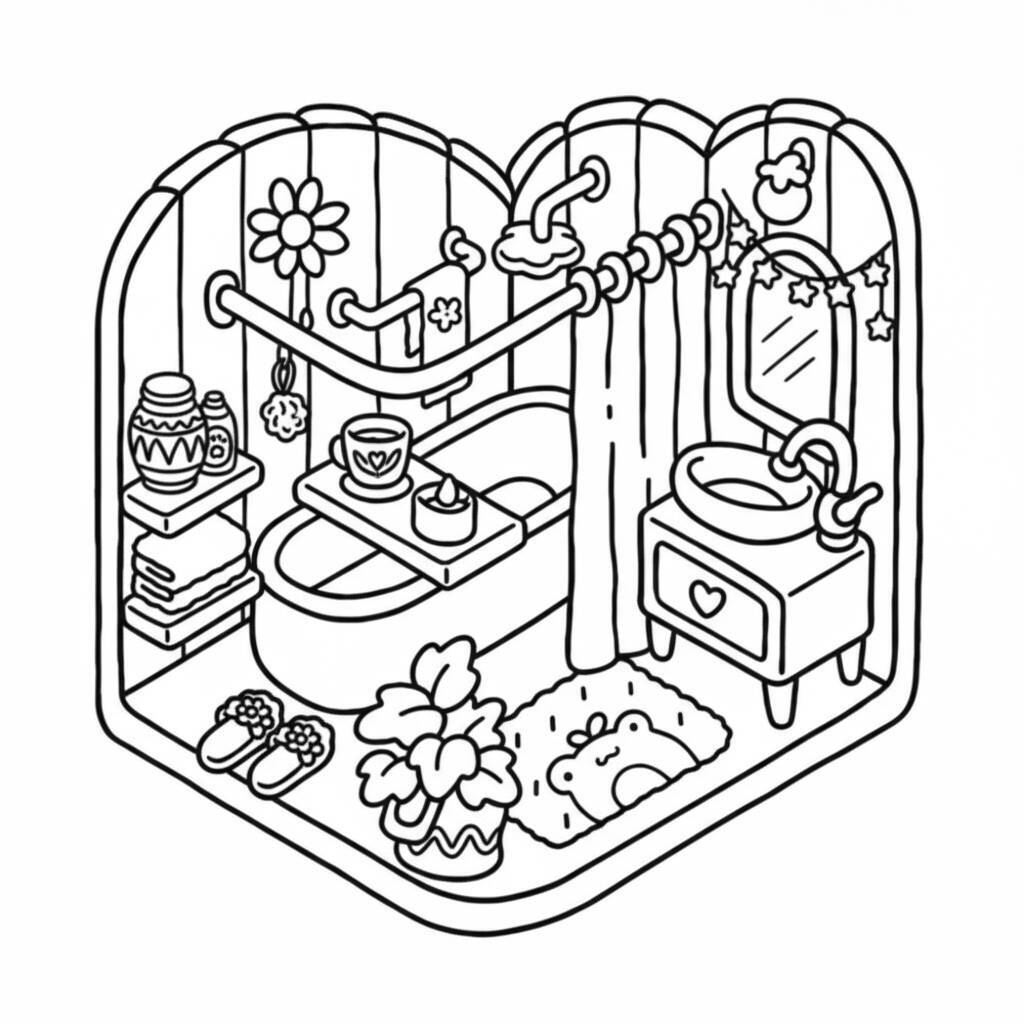 Desenho para colorir de Coco Wyo em um banheiro aconchegante