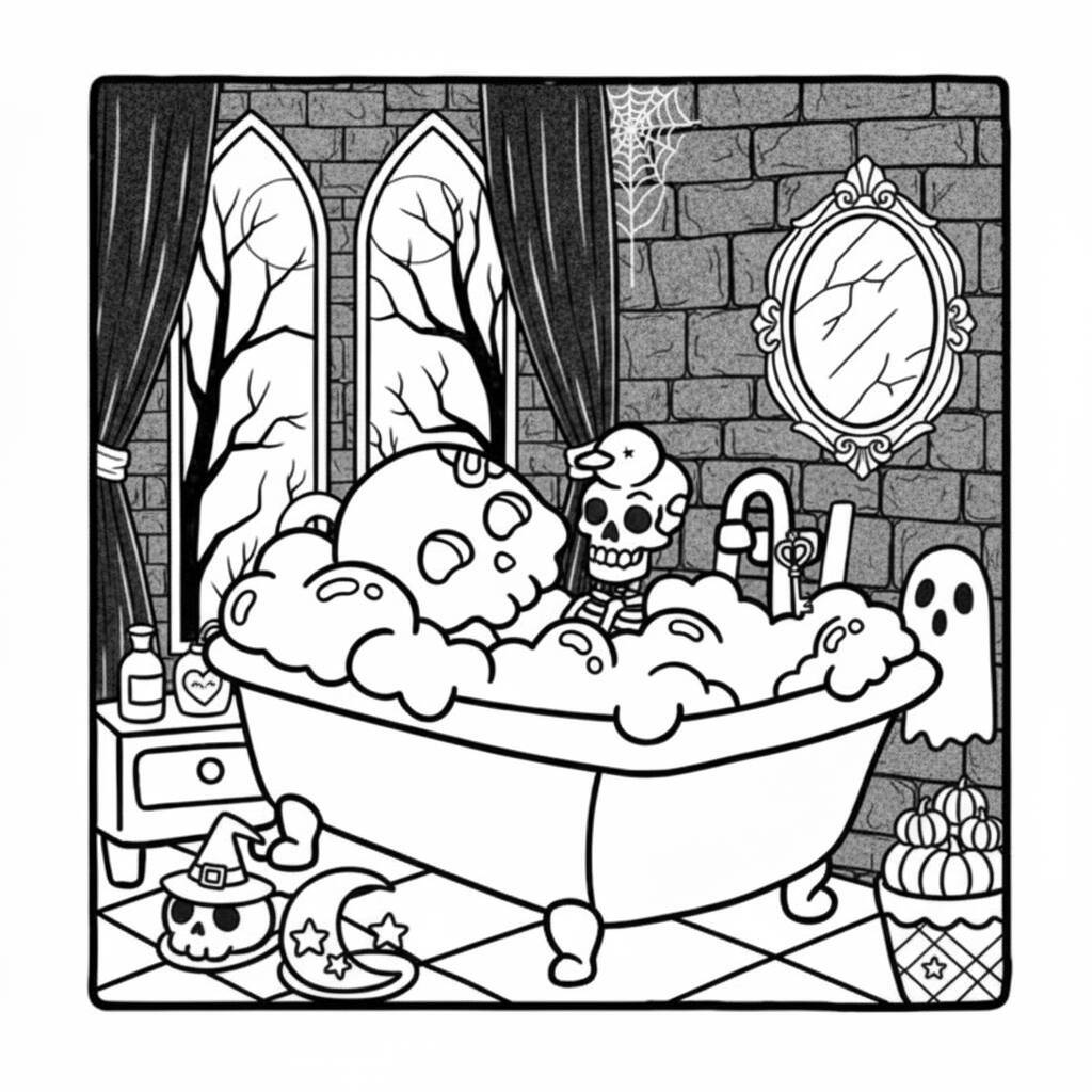 Desenho para colorir de Coco Wyo em uma banheira com elementos de Halloween