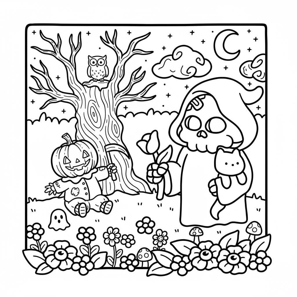 Desenho de Coco Wyo com abóbora, fantasma e árvore em um cenário de Halloween para colorir