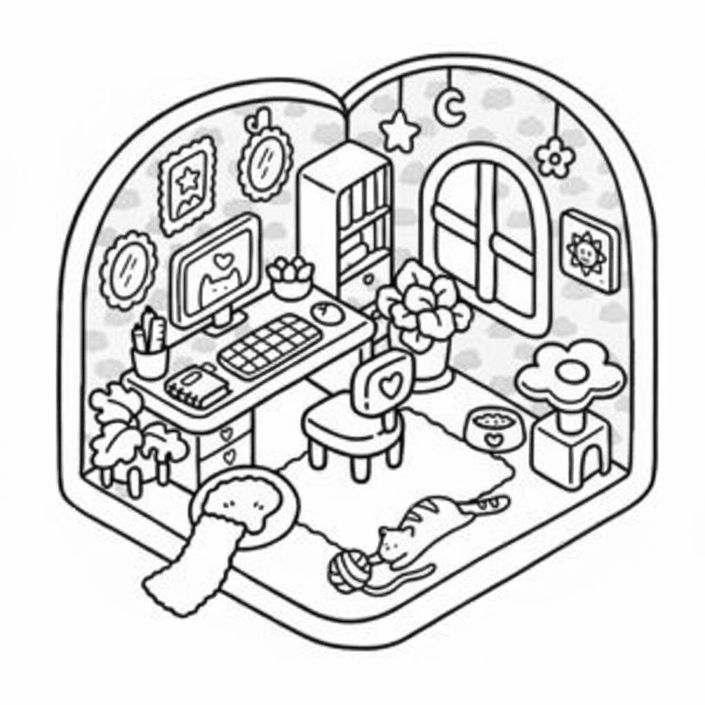 Desenho de um escritório aconchegante com elementos de Coco Wyo para colorir