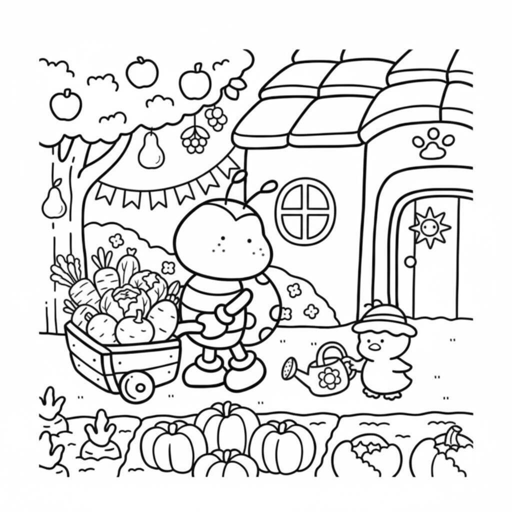 Desenho para colorir de Coco Wyo no jardim com frutas e um pato