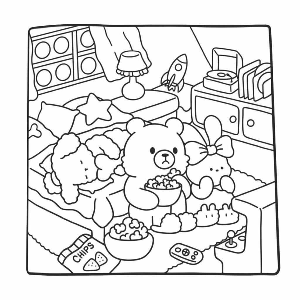 Desenho de amigos aconchegados assistindo filme com pipoca