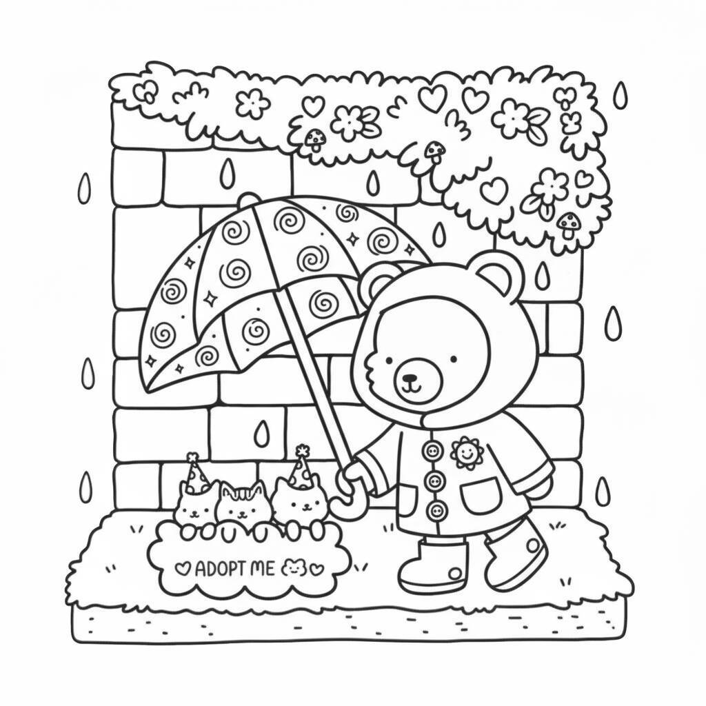 Desenho de um amigo urso com guarda-chuva e gatinhos em um dia chuvoso para colorir.