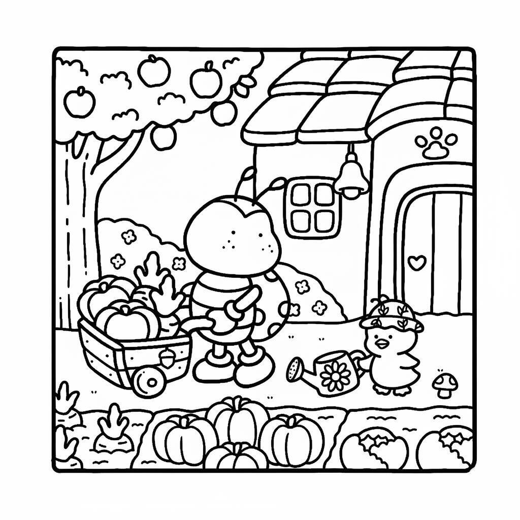 Desenho de amigos aconchegantes cuidando do jardim com abóboras