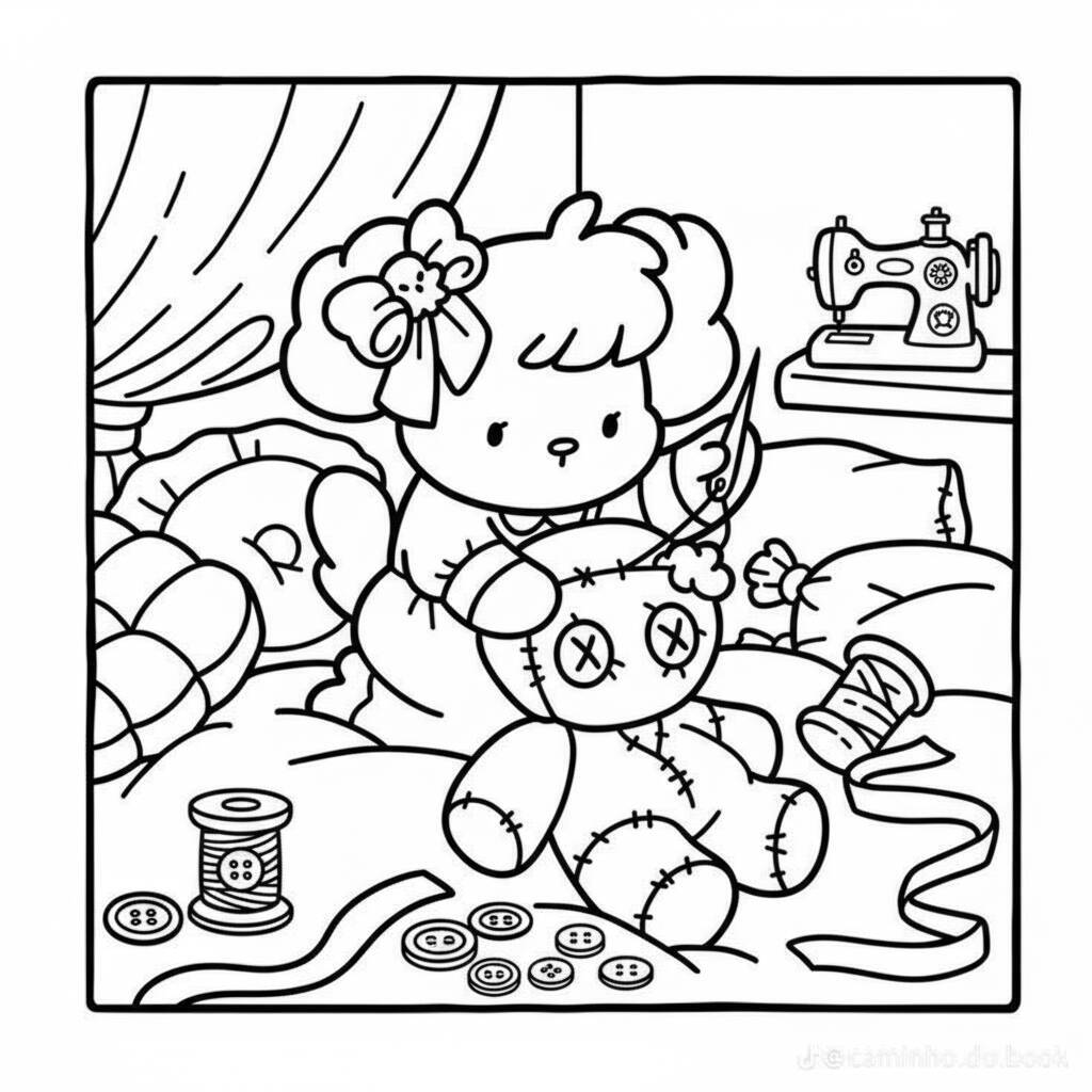 Desenho de uma criança costurando um boneco de pano em um ambiente aconchegante