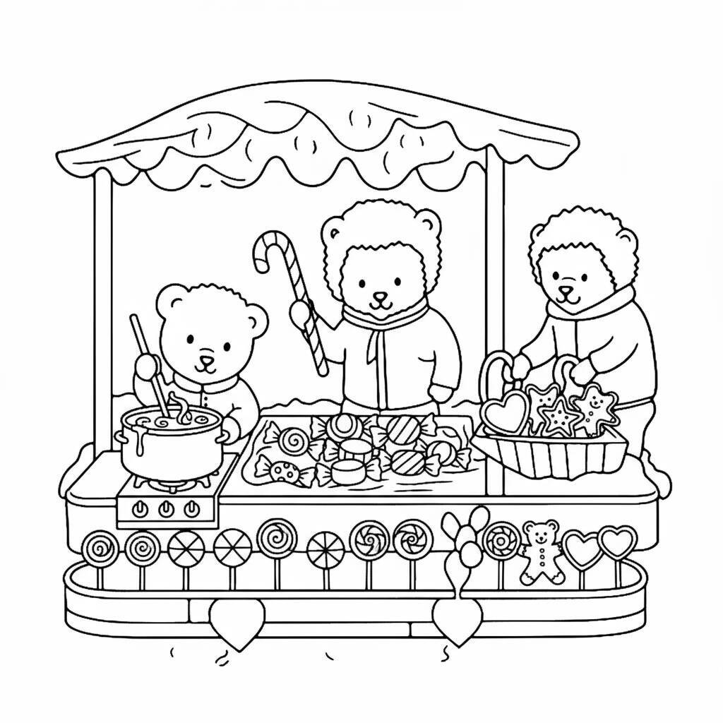 Desenho de amigos ursos fazendo doces em uma barraca de feira