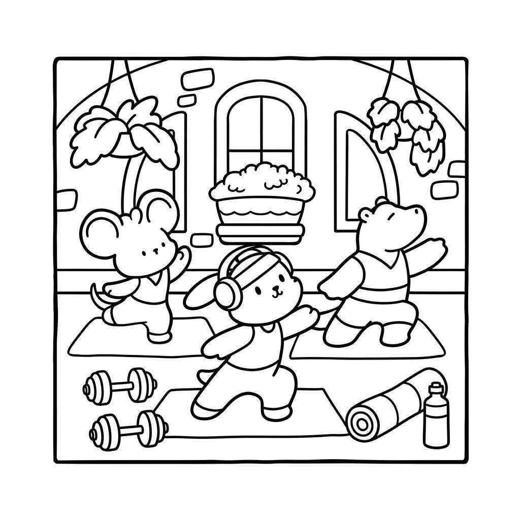 Desenho para colorir de amigos aconchegantes fazendo exercícios em casa
