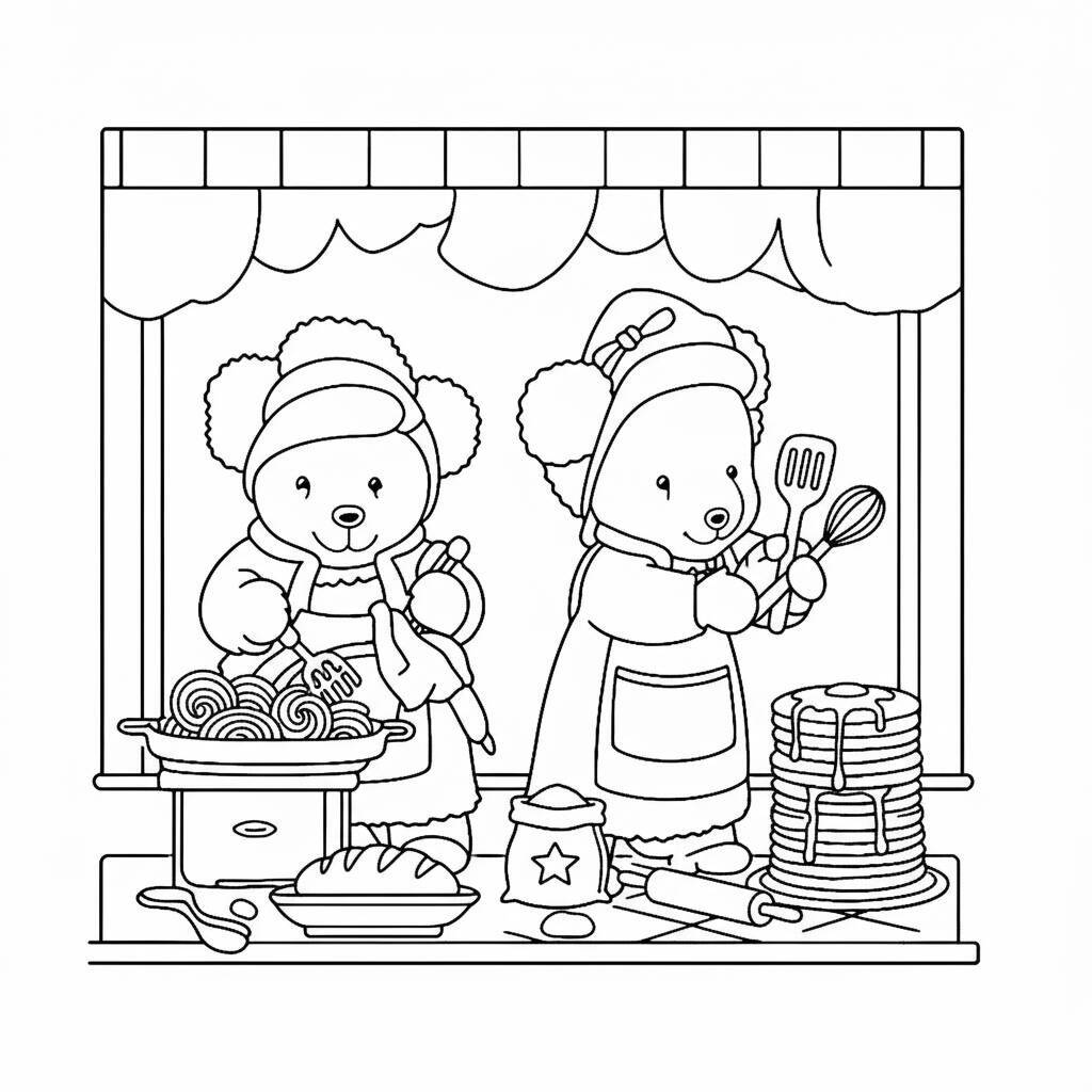 Desenho de amigos aconchegantes fazendo panquecas na cozinha