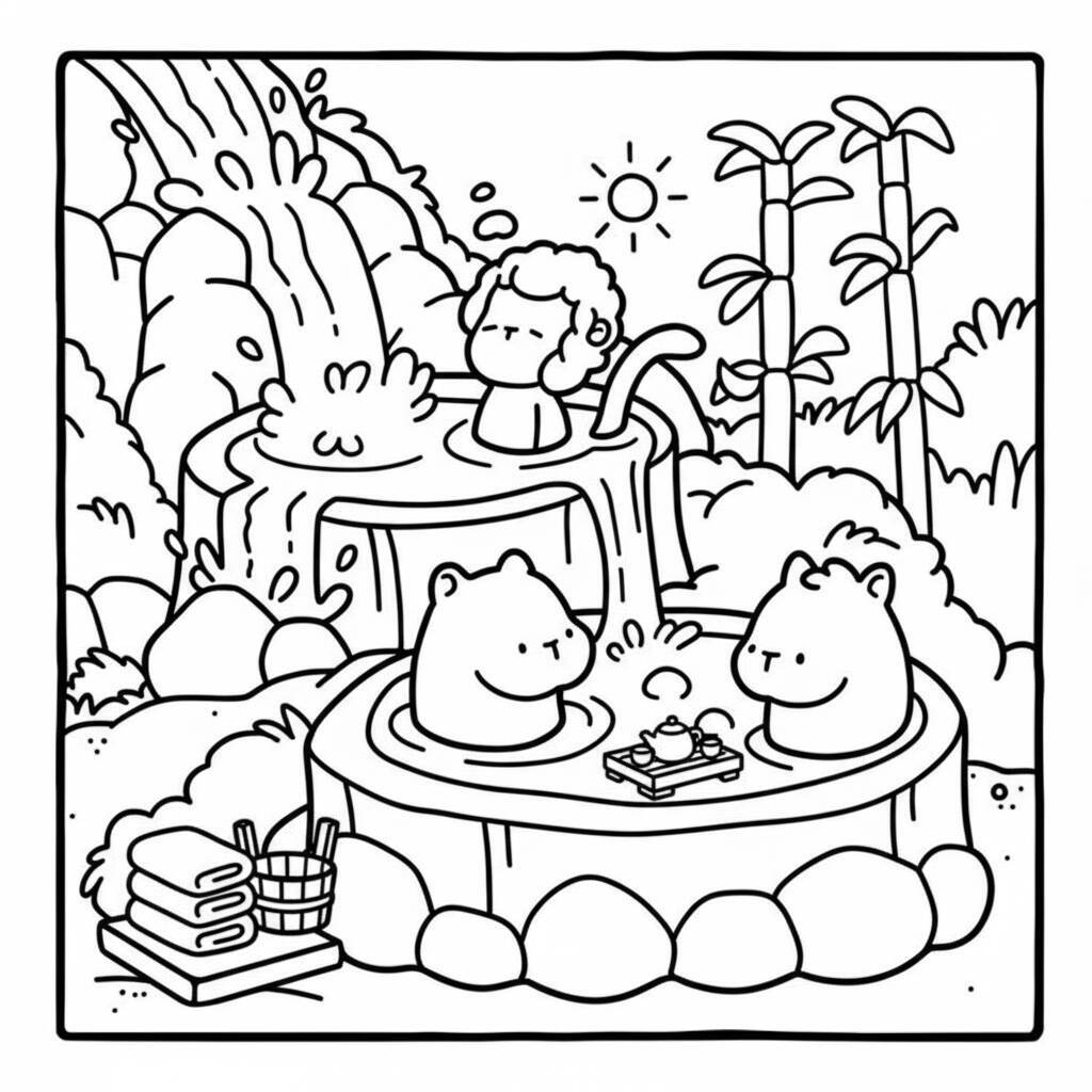 Desenho de amigos relaxando em banheira de hidromassagem com natureza ao fundo
