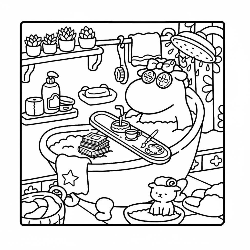 Desenho de amigos aconchegantes relaxando em uma banheira com livros e petiscos