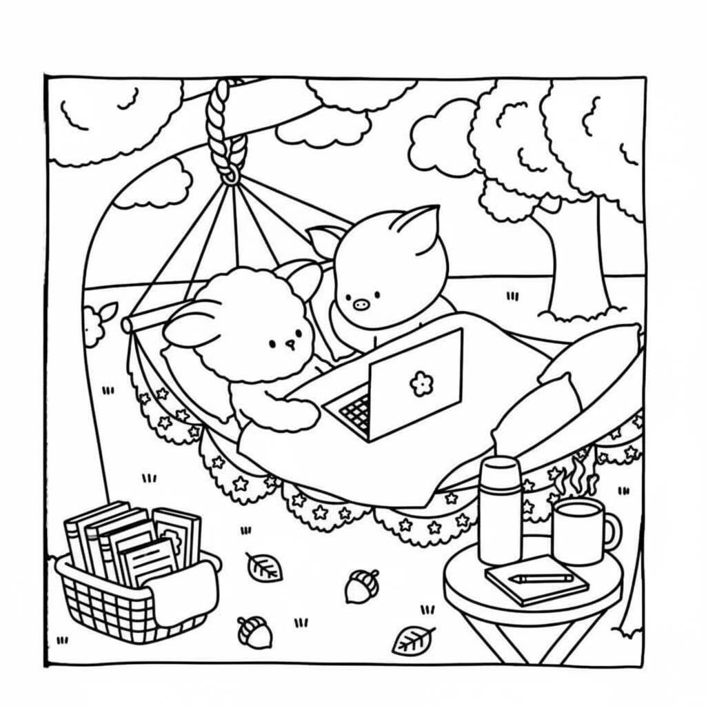 Desenho de amigos aconchegados em uma rede, prontos para colorir.