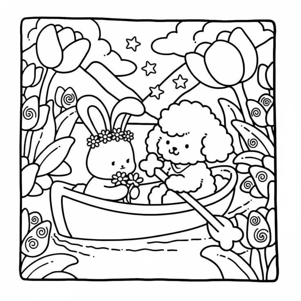 Desenho de amigos aconchegantes em um barco no lago rodeados por flores