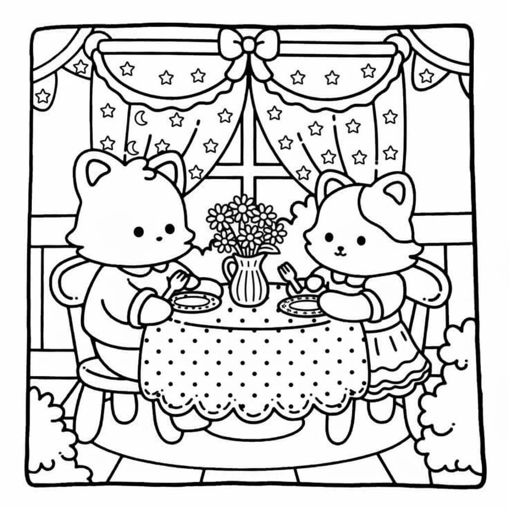 Desenho de amigos aconchegantes tomando chá da tarde com flores na mesa