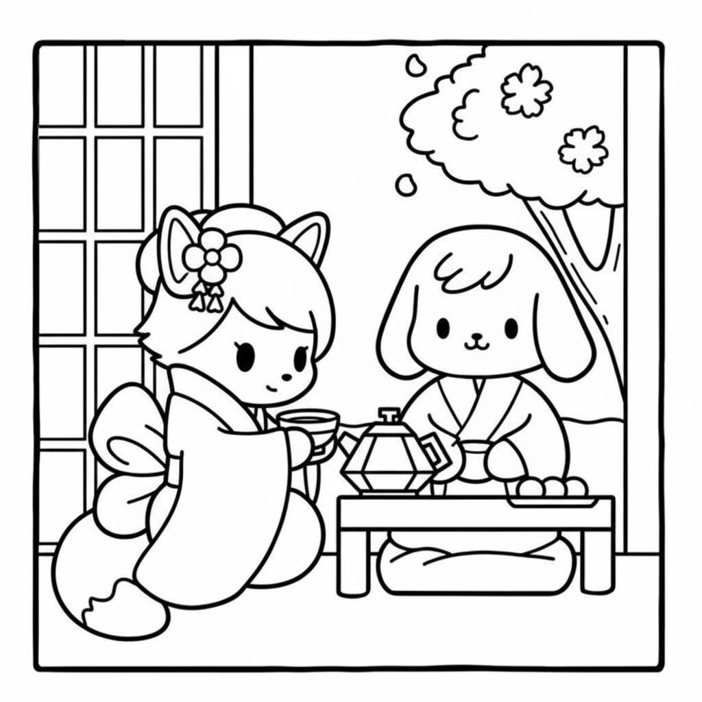 Desenho de amigos aconchegantes tomando chá no jardim