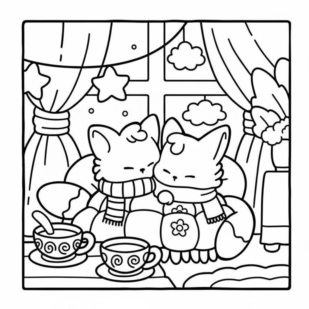 Desenho de amigos aconchegados tomando chocolate quente perto da janela