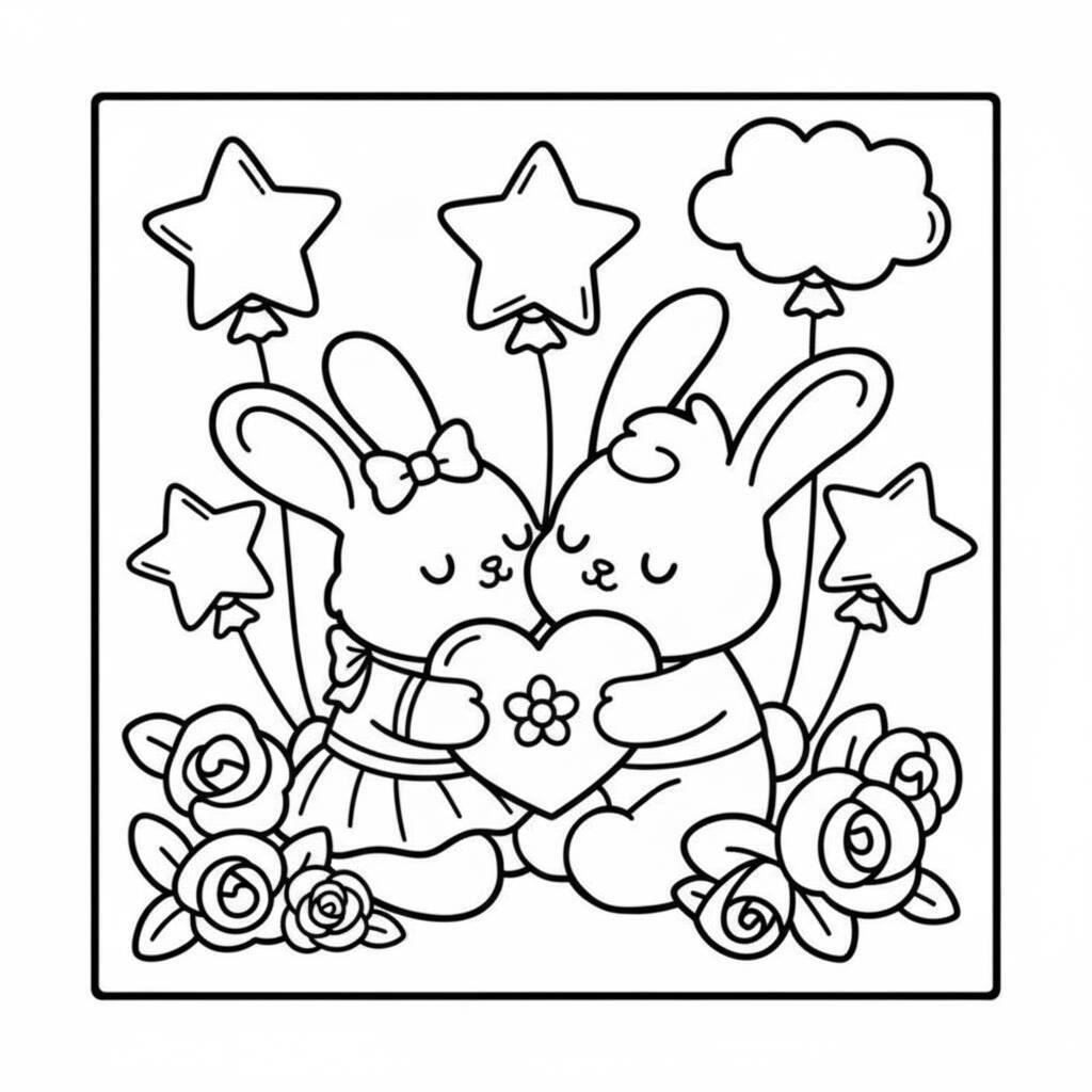 Desenho de coelhos fofos trocando corações rodeados de estrelas e flores