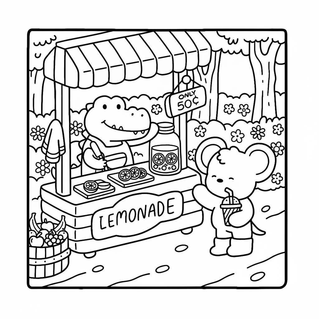 Desenho de amigos aconchegantes vendendo limonada em um quiosque