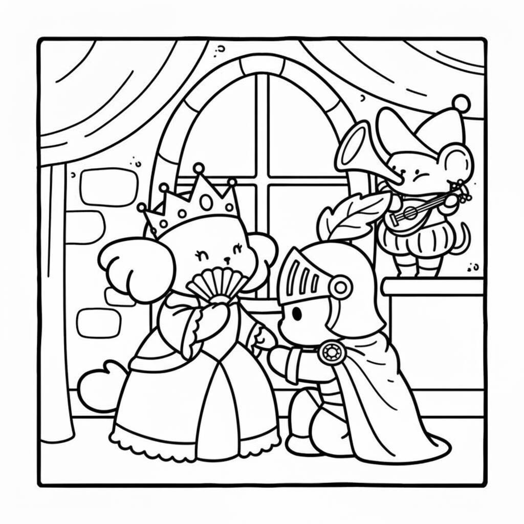 Desenho de amigos aconchegantes em um baile de máscaras, prontos para colorir.