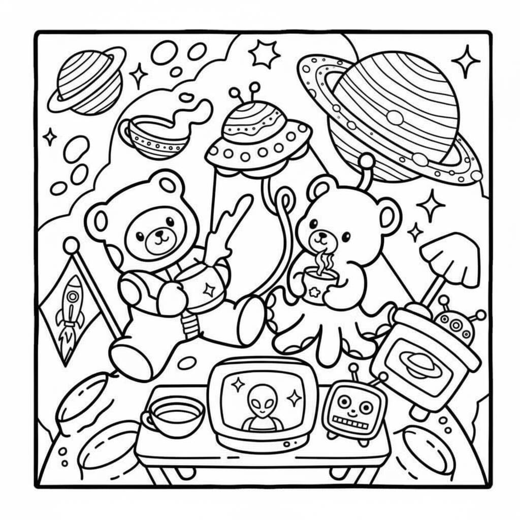 Desenho de amigos aconchegantes em uma aventura no espaço com ursos e planetas