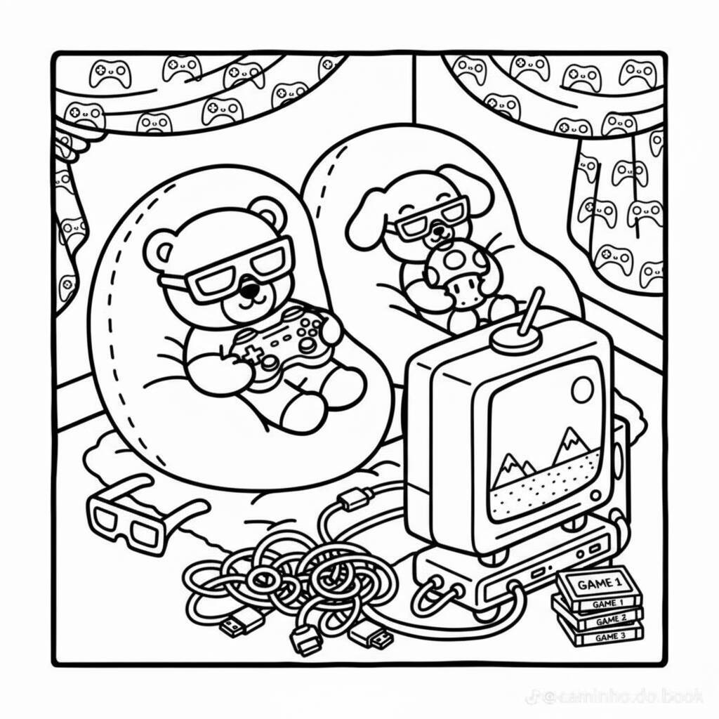 Desenho de amigos confortáveis jogando videogame em poltronas com um cachorro e um urso