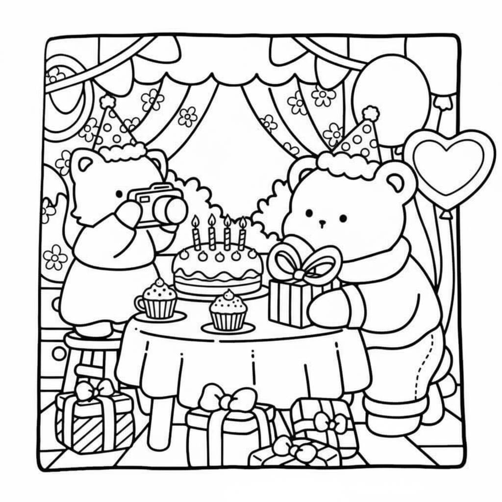 Desenho de ursos celebrando um aniversário com bolo e presentes para colorir