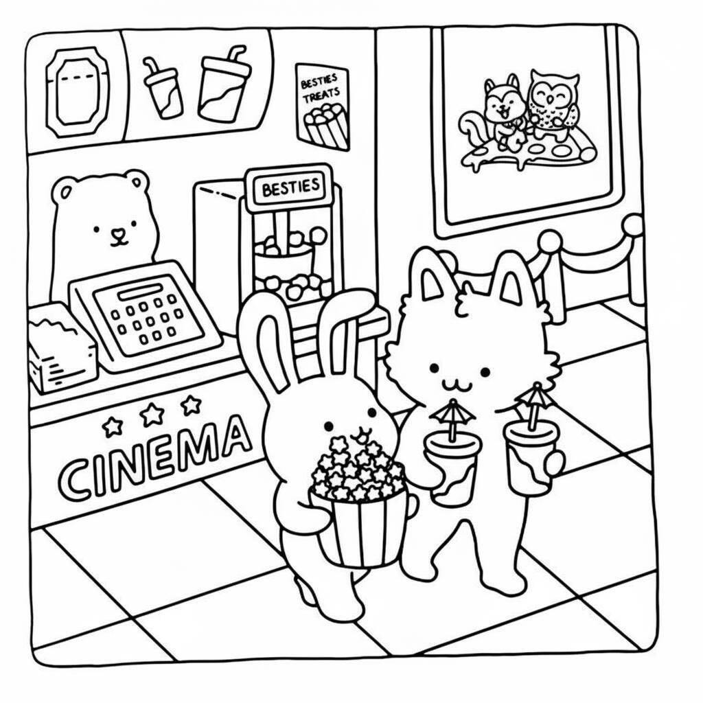 Desenho de amigos aconchegantes no cinema segurando pipoca e bebidas