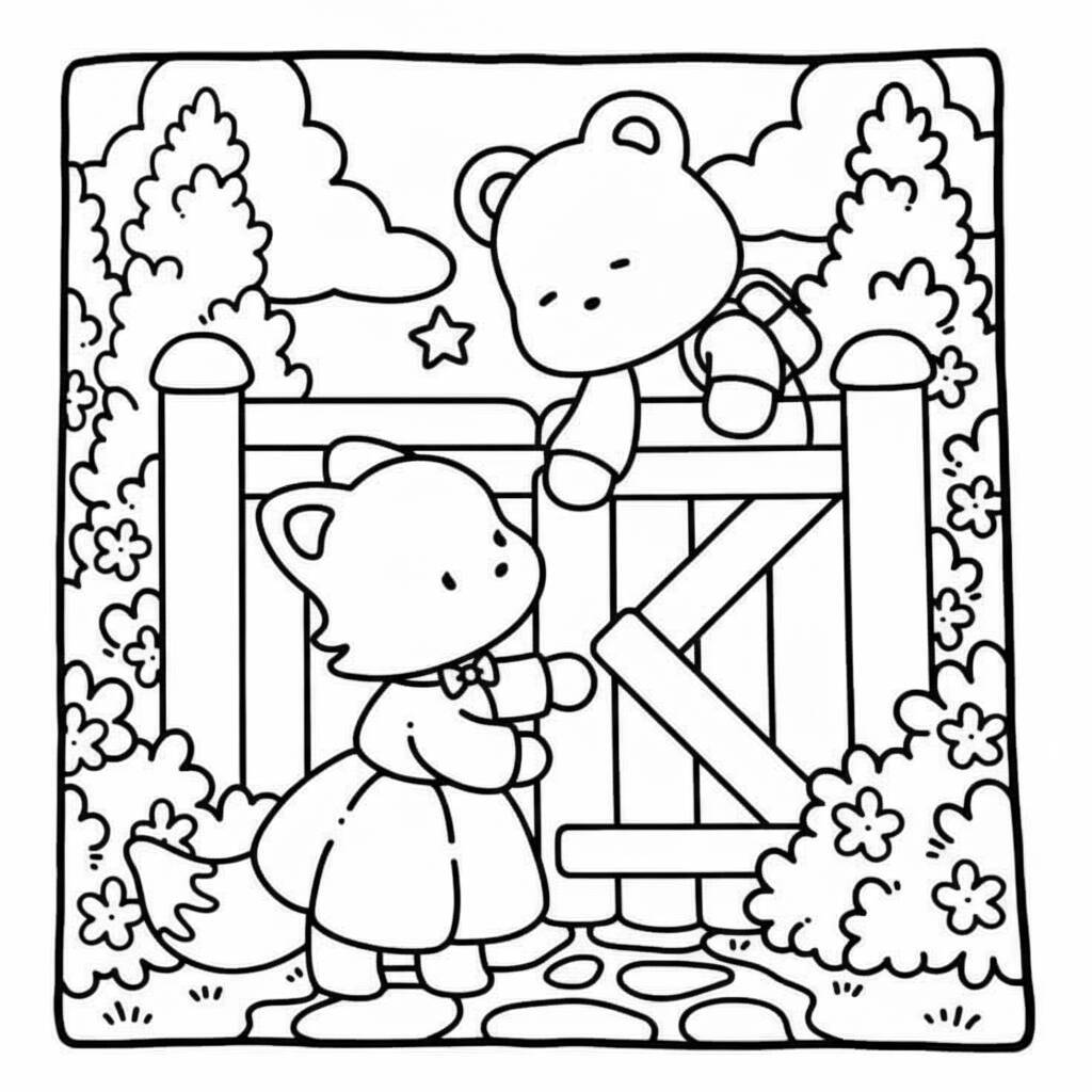 Desenho de amigos fofos no jardim com flores para colorir