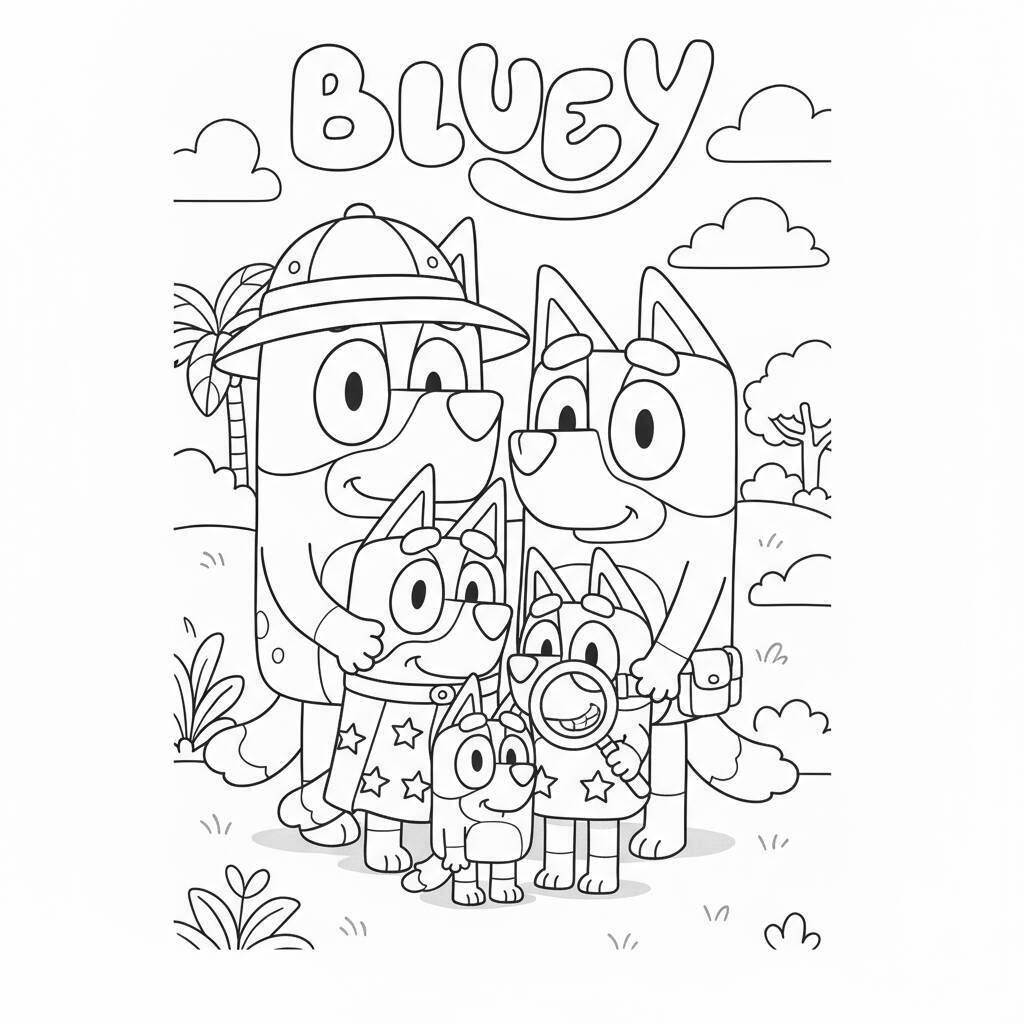 Imagem para colorir da Bluey com sua família no parque.