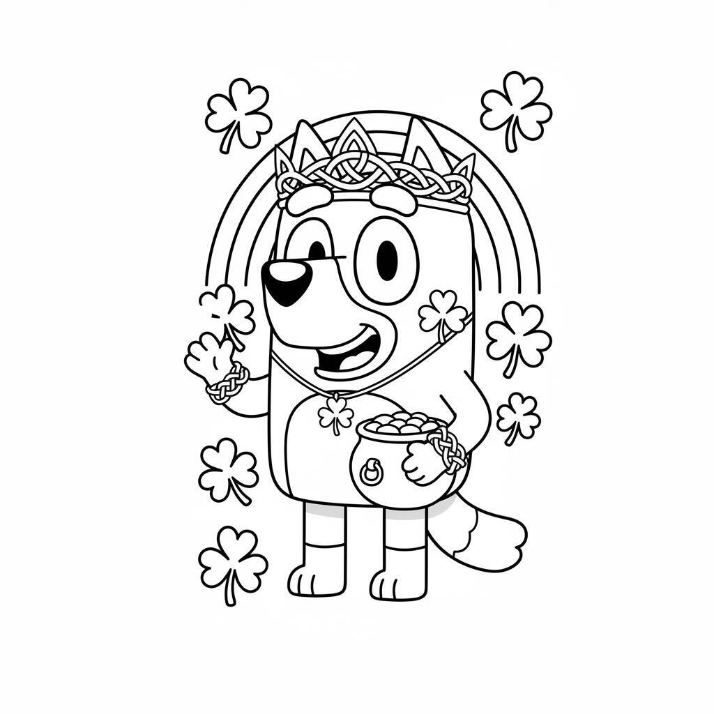 Imagem para colorir da Bluey com arco-íris e trevos