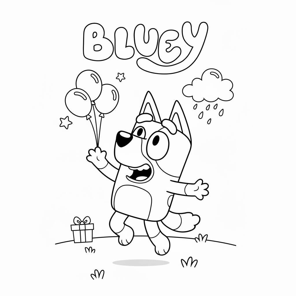 Imagem para colorir da Bluey segurando balões com um presente ao lado.