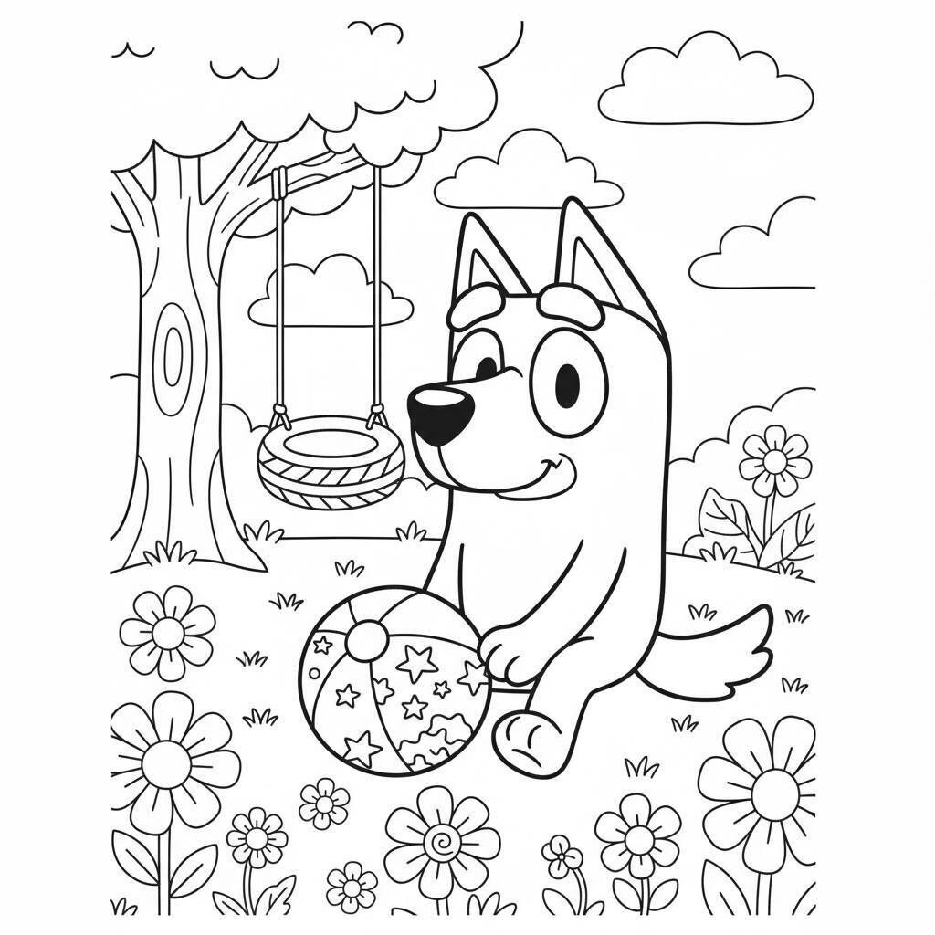 Imagem para colorir da Bluey segurando uma bola em um jardim com flores e balanço.