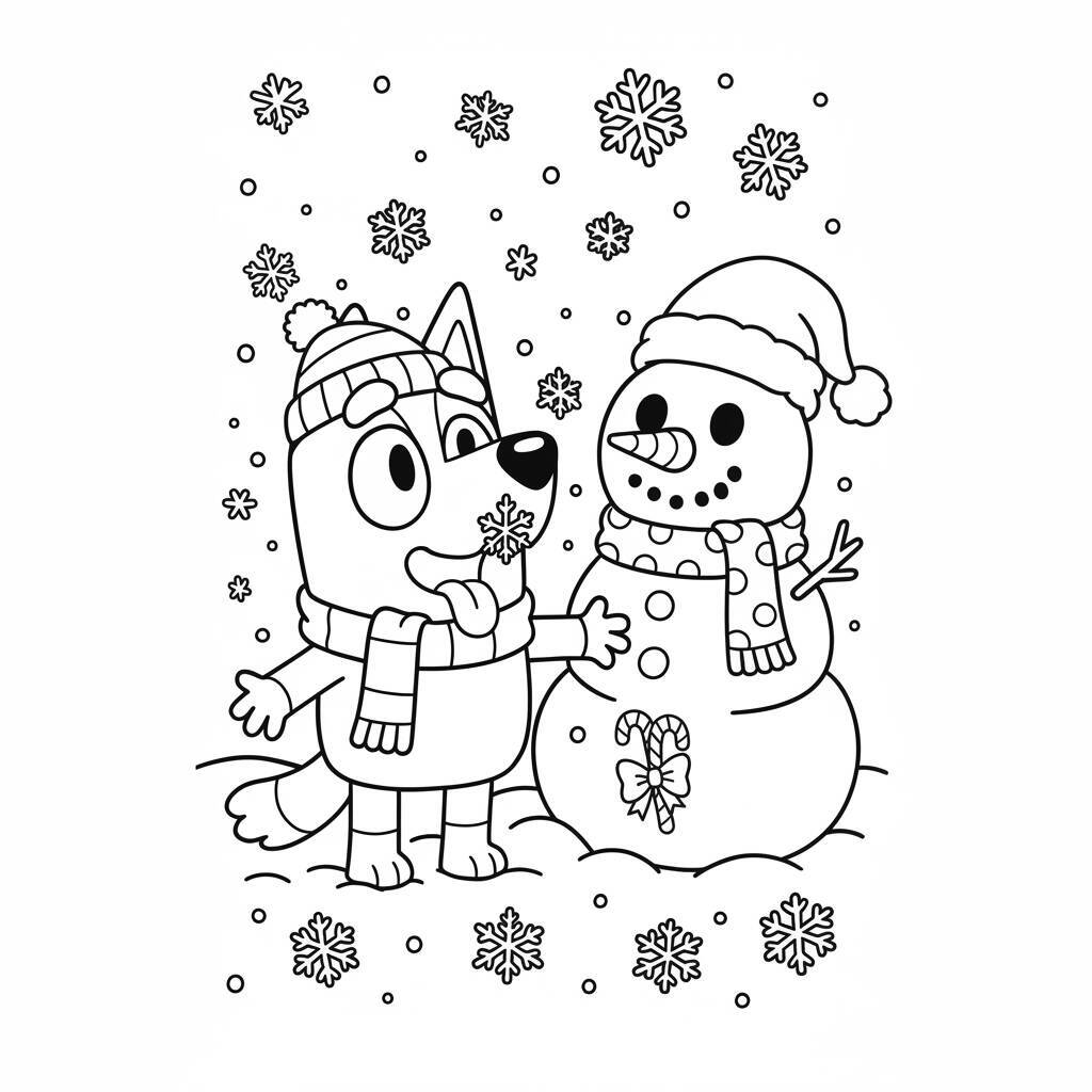 Bluey usando cachecol e chapéu ao lado de um boneco de neve, cercados por flocos de neve.