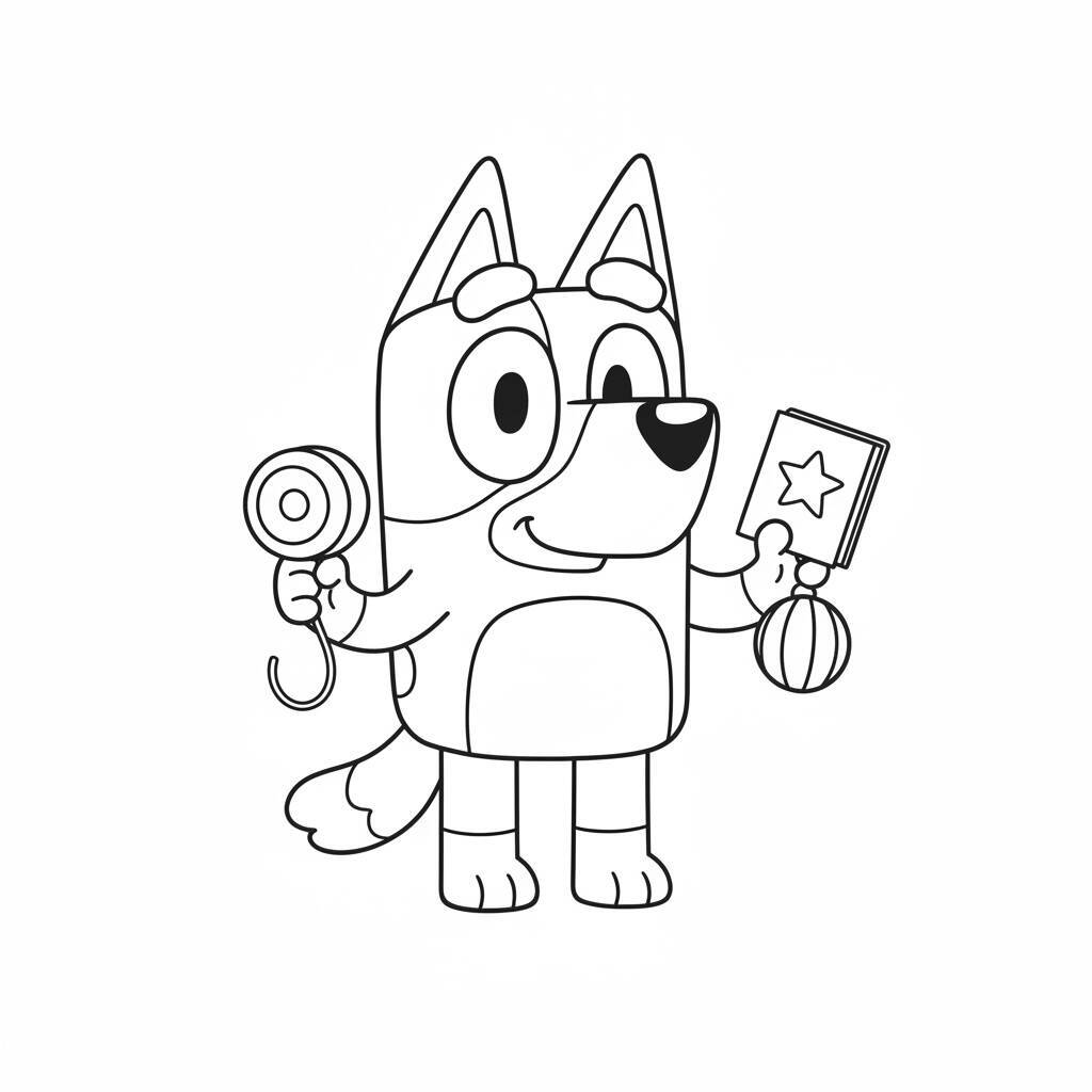 Imagem para colorir da Bluey segurando brinquedos.