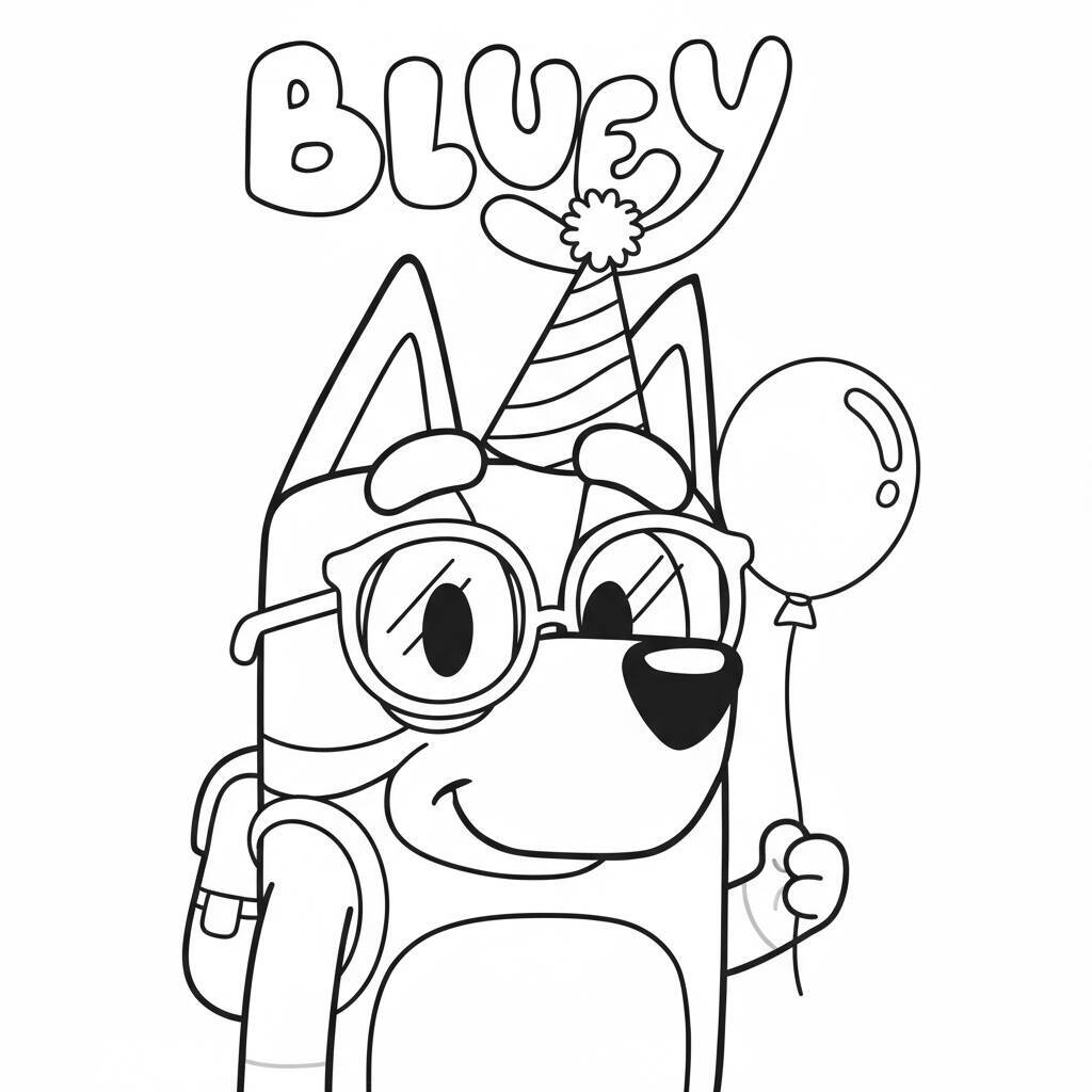 Imagem para colorir da Bluey usando chapéu de festa e segurando um balão.