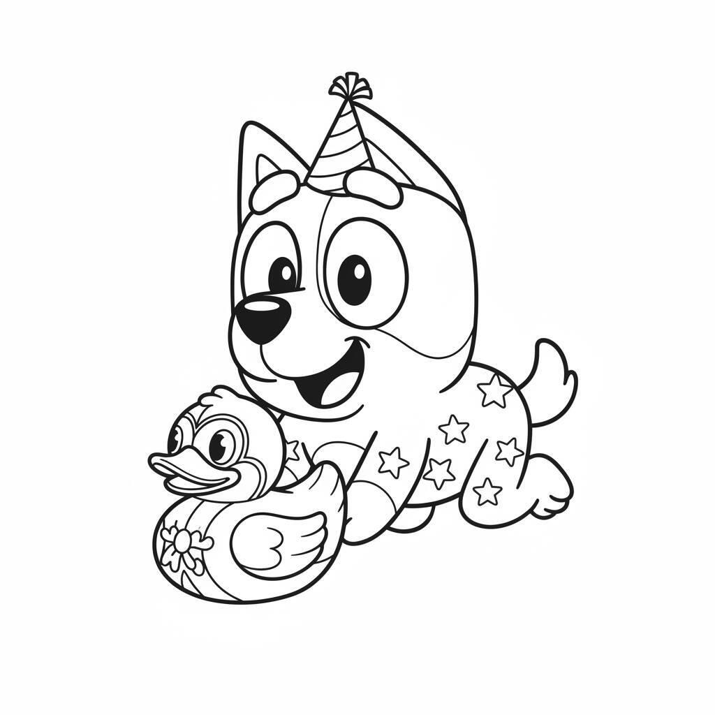 Imagem para colorir da Bluey com um pato de borracha e chapéu de festa.