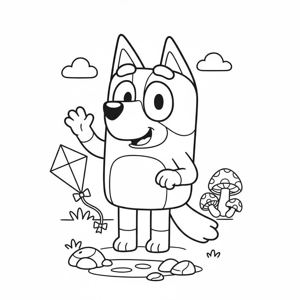 Imagem de Bluey com uma pipa no jardim para colorir