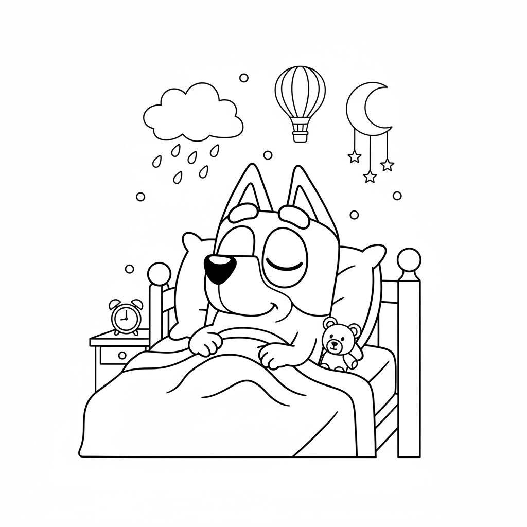 Imagem de Bluey dormindo em uma cama com um ursinho, nuvens e balão ao fundo.