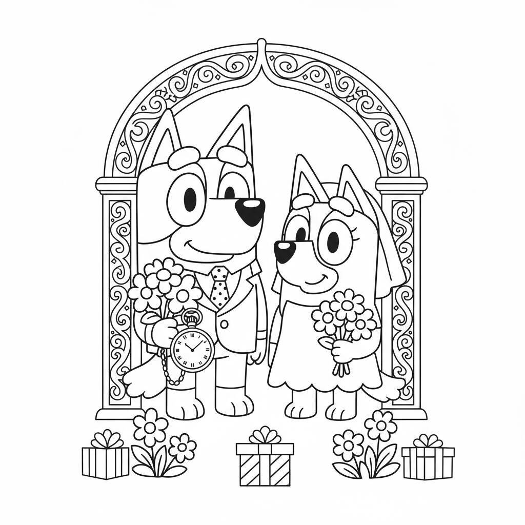 Imagem para colorir da Bluey e Bingo vestidos para um casamento.
