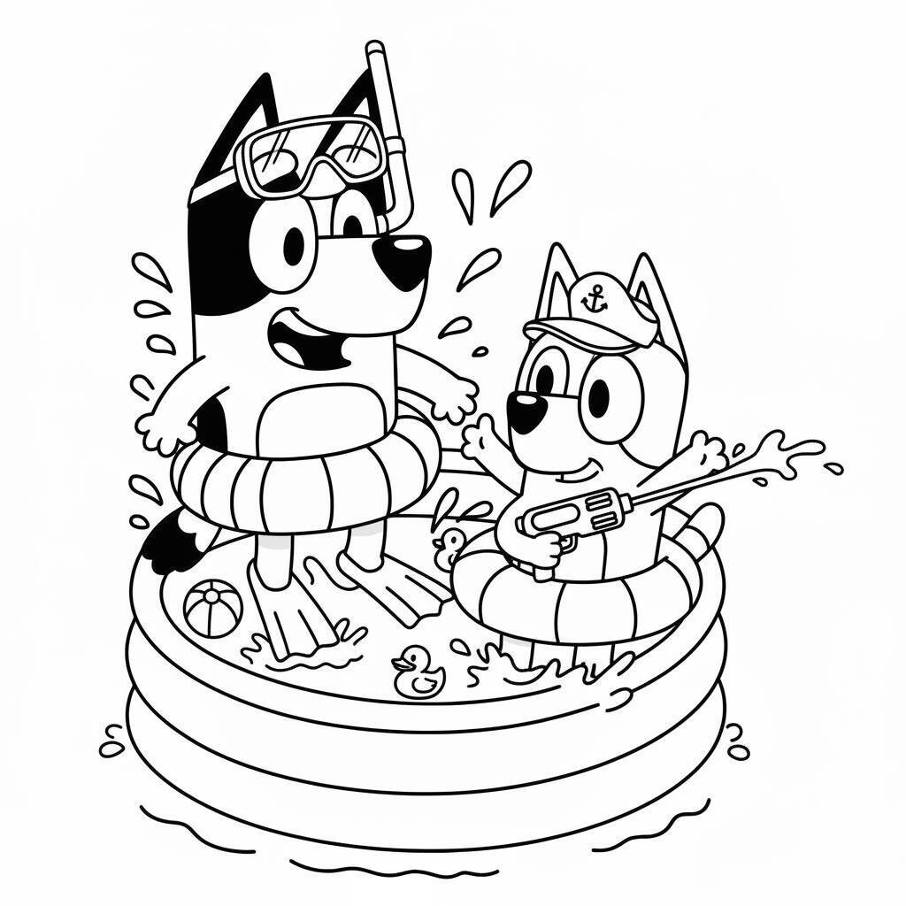 Imagem de Bluey e Bingo brincando na piscina com boias e brinquedos.