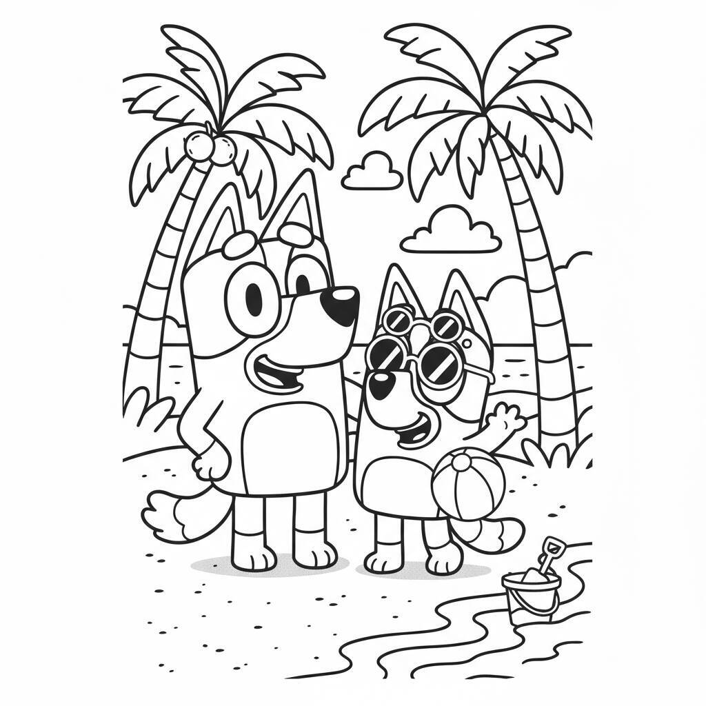 Desenho em preto e branco de Bluey e Bingo na praia com coqueiros ao fundo.