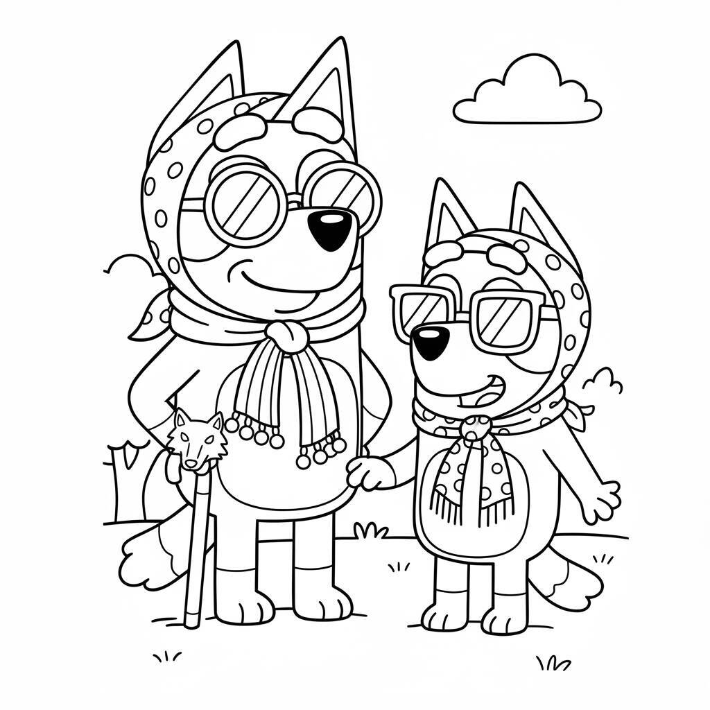 Imagem para colorir de Bluey e Bingo vestidas de avós com lenços e óculos de sol.